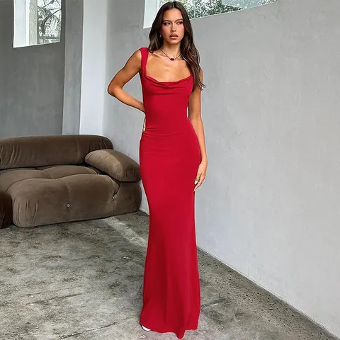 Abito Maxi Aderente da Donna Sexy con Schiena Scoperta Scollo a Cappuccio Spalline Sottili Abito Lungo da Sera con Fiocco