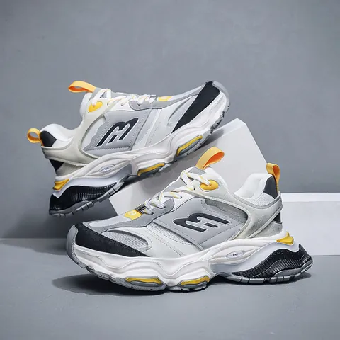 Men's Thick Sole Dad Shoes Cowhide Mesh Patchwork Height Increasing Chunky Sneakers Breathable Retro Streetwear Casual Sports Shoes