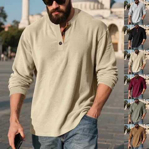 Men Casual Corduroy Henley Sweatshirt Long Sleeve Solid Color Pullover Top For Outdoor Autumn Winter Fashion Streetwear