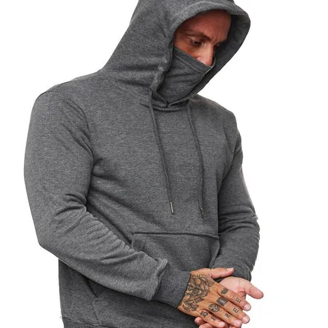 Men's Casual Integrated Mask Hoodie Tactical Style Long Sleeve Solid Color Polyester Pullover Sports Top With Kangaroo Pocket
