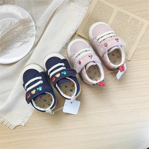 Baby Kleinkind Lauflernschuhe Weiche Sohle Canvas Bestickt Cartoon Auto Erdbeere Turnschuhe Klettverschluss Säugling Schuhe