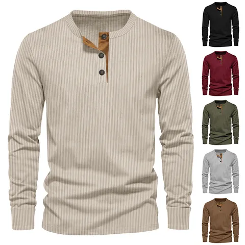 Men Long Sleeve Henley T-Shirt Corduroy Texture Slim Fit Solid Color Polyester Casual Top For Spring Autumn
