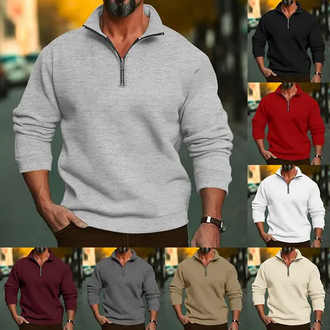 Men's Casual Stand Collar Quarter Zip Sweatshirt Solid Color Loose Fleece Lined Pullover Long Sleeve Top Spring Autumn