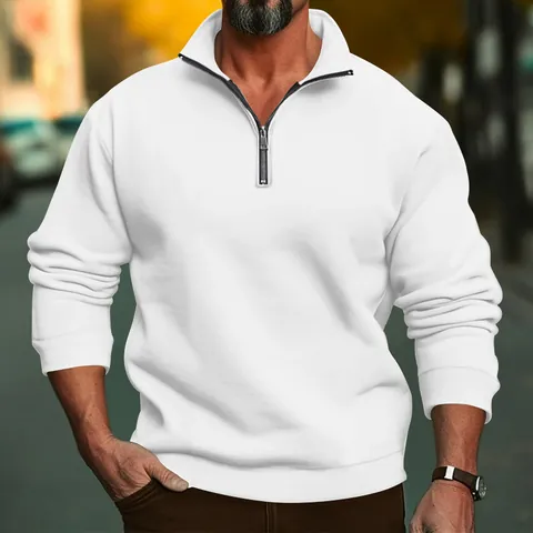 Men's Casual Stand Collar Quarter Zip Sweatshirt Solid Color Loose Fleece Lined Pullover Long Sleeve Top Spring Autumn