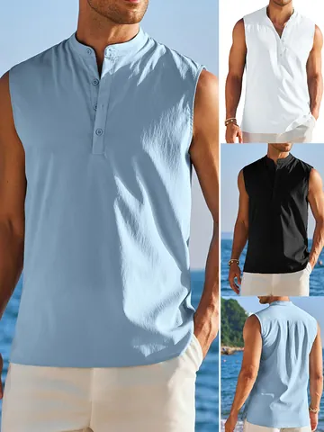 Men Casual Sleeveless Henley Tank Top Textured Button Up Beach Vest Summer Outdoor Polyester Lightweight Pullover Shirt