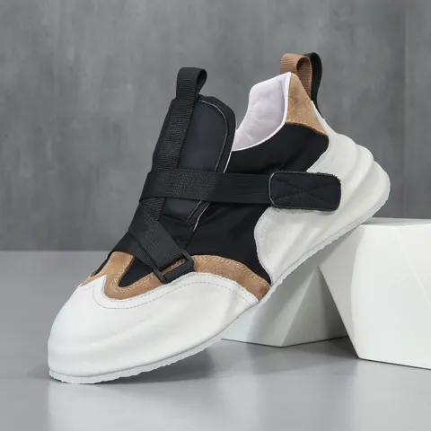 Men Cowhide Fashion Sneakers Breathable Height Increasing Chunky Casual Shoes Hook And Loop Low Top Sporty Trainers