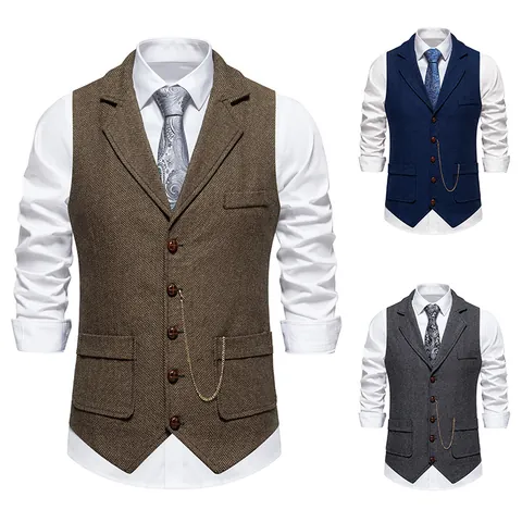 Men's Vintage Herringbone Tweed Suit Vest Retro Lapel Single Breasted Waistcoat With Metal Chain Business Casual Top