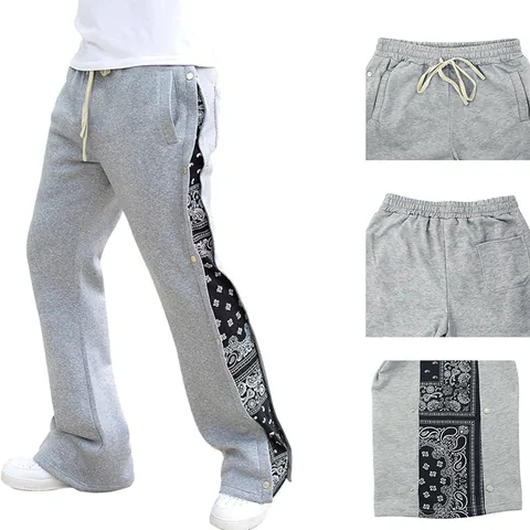 Pantalon Homme High Street Hip Hop Paisley à Boutons Pression Oversize Patchwork Jambe Droite Pantalon de Survêtement Décontracté