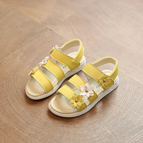 Girls Sweet Flower Princess Sandals Artificial Leather Hook And Loop Roman Style Open Toe Non-Slip Summer Kids Beach Sandals
