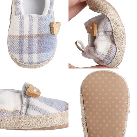Newborn Baby First Walkers Shoes Soft Sole Plaid Canvas Crib Shoes With Wooden Bear Button Casual Infant Prewalker Shoes