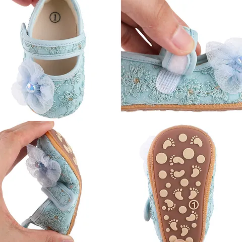 Baby Girls Princess Shoes Lace Flower Artificial Pearl Decor Soft Sole Prewalker Non-Slip Magic Tape Walking Shoes Infant