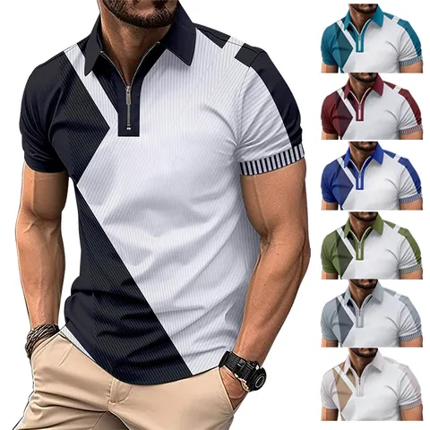 Men Polyester Polo Shirt Geometric Color Block Zipper Placket Lapel Short Sleeve Top Casual Fashion Shirt