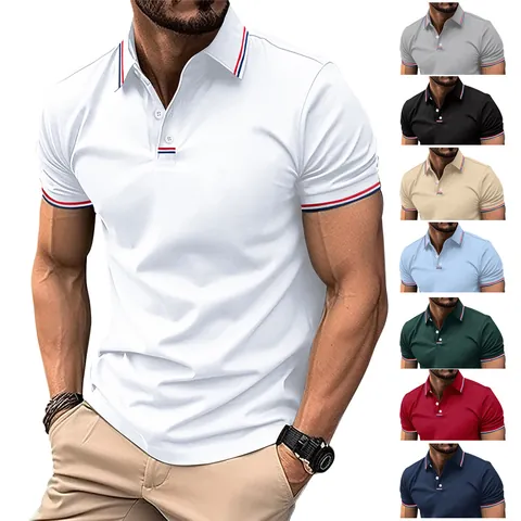 Men's Casual Short Sleeve Polo Shirt Contrast Striped Trim Lapel Button Down Cotton Blend Business Urban Polo Top