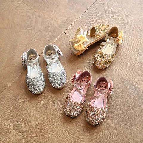 Girls Sequin Bowknot Mary Jane Shoes Artificial Pearl Decoration Princess Dance Flats For Wedding Party School