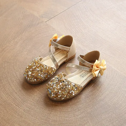 Girls Sequin Bowknot Mary Jane Shoes Artificial Pearl Decoration Princess Dance Flats For Wedding Party School