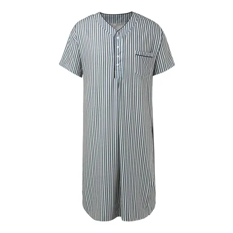 Men Striped Short Sleeve Robe V Neck Button Loungewear Polyester Woven Summer Thin Long Nightgown Sleepwear For Men