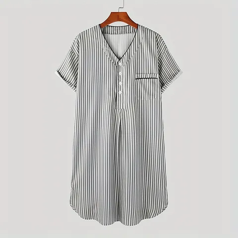 Men's Striped Nightrobe V-Neck Button Short Sleeve Thin Loungewear Loose Polyester Robe For Men Casual Home Wear