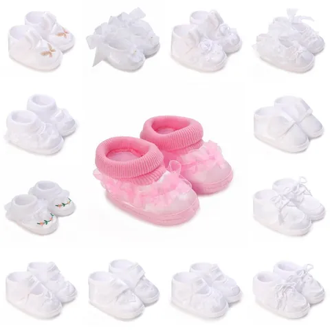 Infant Baby Soft Sole Baptism Shoes Satin Embroidered Heart Bow Princess Shoes For Christening Wedding Newborn Prewalker Shoes