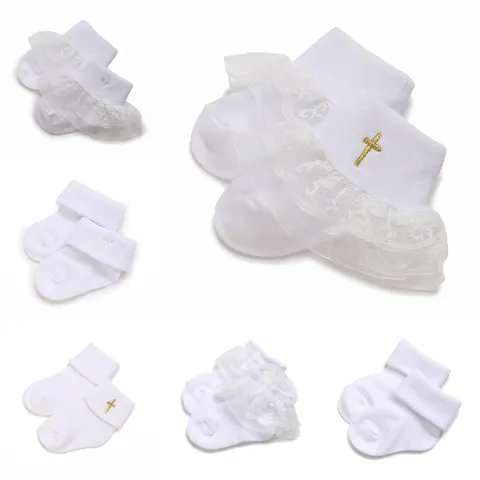 0-1 Year Old Baby Socks Lace Mesh Breathable Infant Cotton Socks With Cross Embroidery Christening Baptism Beanie Hat Accessories