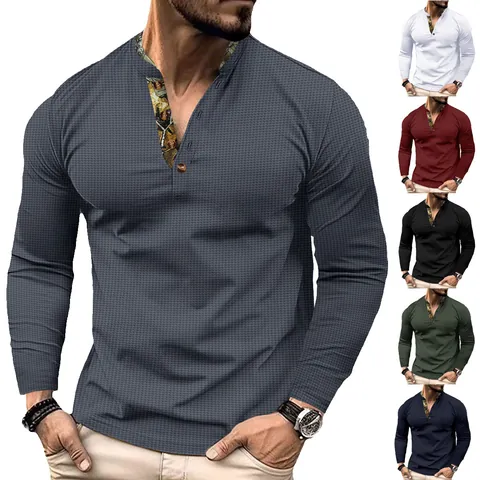Men's Waffle Knit Long Sleeve Polo Shirt Casual Color Block Stand Up Collar Slim Fit Henley Top For Men Spring Autumn
