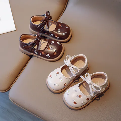 Girls Mary Jane Shoes Embroidery Flower Bow Round Toe Princess Flats Toddler Kids Walking Shoes Rice White Brown Rubber Sole