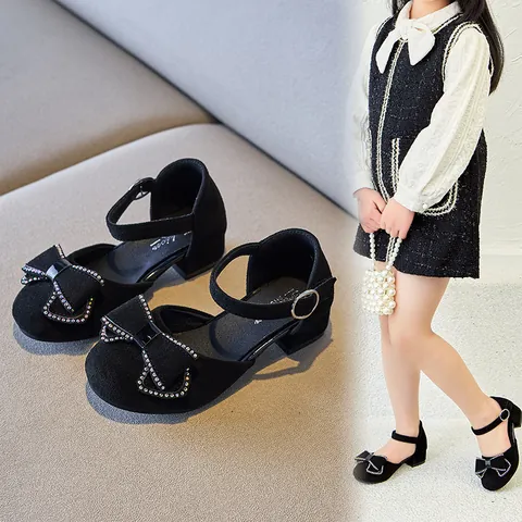Fashion Girl Princess Leather Shoes Rhinestone Bowknot PU Low Heel Shallow Cut Mary Jane Shoes For Wedding Party Kids Sandals