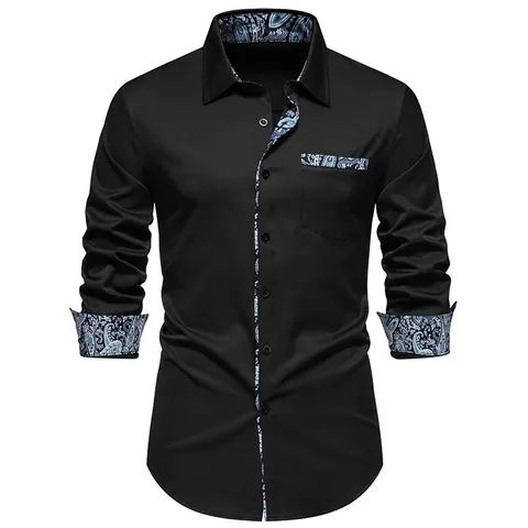 Camisa Casual de Manga Larga para Hombre Patchwork Paisley Botones Mezcla de Poliéster Solapa Moda Urbana
