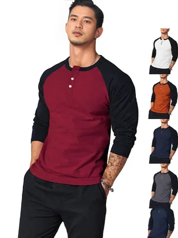 Men Slim Fit Henley T-Shirt Long Raglan Sleeve Color Block Patchwork Casual Daily Sport Polyester Breathable Comfortable Soft Men Top