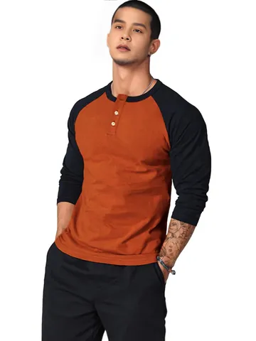 Men Slim Fit Henley T-Shirt Long Raglan Sleeve Color Block Patchwork Casual Daily Sport Polyester Breathable Comfortable Soft Men Top