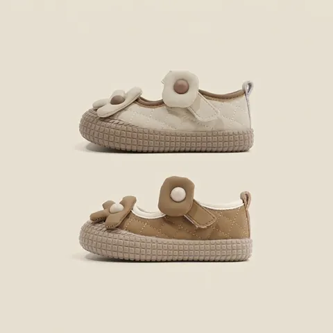 Baby Girls Mary Jane First Walker Shoes Quilted PU Leather Floral Decor Non-Slip Rubber Sole Toddler Princess Shoes Magic Tape