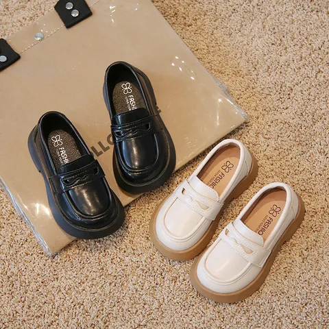 Kids British Style Loafers PU Leather Round Toe Platform Shoes Boys Girls Dress Performance School Uniform Flat Shoes
