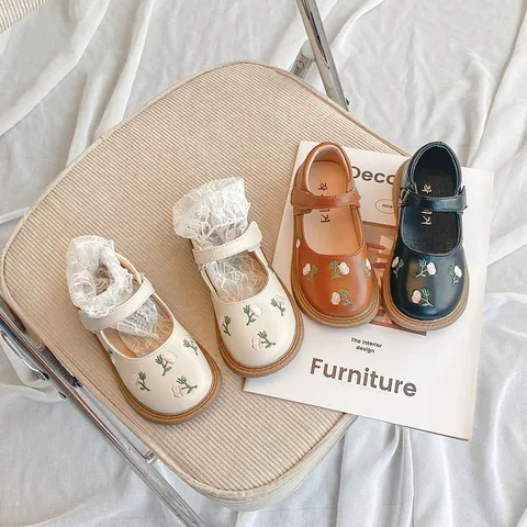 Mädchen Mary Jane Schuhe Im Chinesischen Stil Mit Blumenstickerei PU-Leder Weiche Sohle Flache Schuhe Für Frühling Herbst Kinder Retro Schuhe