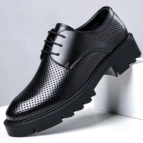 Men's Business Elevator Shoes Height Increasing Hollow Out Breathable Leather Formal Shoes Groom Thick Sole Casual Shoes