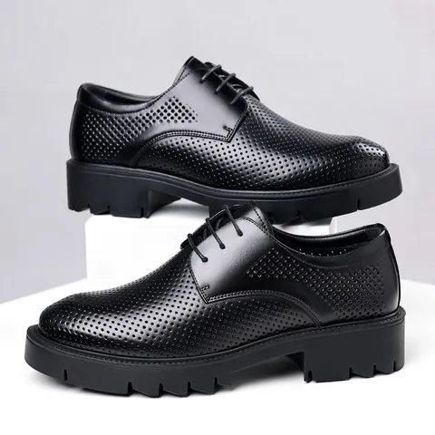 Men's Business Elevator Shoes Height Increasing Hollow Out Breathable Leather Formal Shoes Groom Thick Sole Casual Shoes