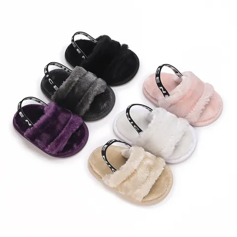 Infant Toddler Baby Plush Slides Faux Fur Open Toe Sandals With Elastic Back Strap Cotton Warm Slippers For Newborn Girls Boys