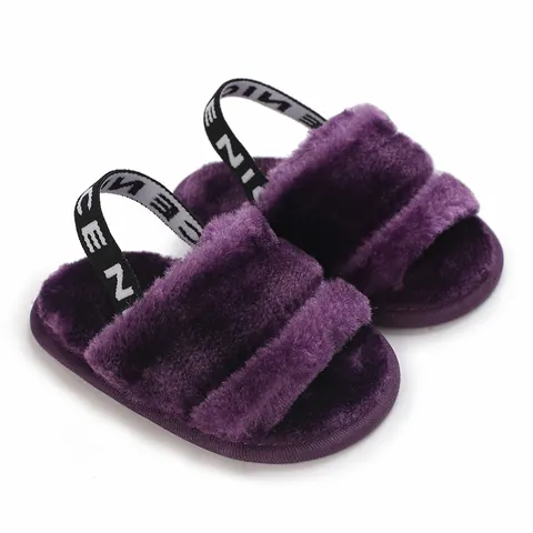 Infant Toddler Baby Plush Slides Faux Fur Open Toe Sandals With Elastic Back Strap Cotton Warm Slippers For Newborn Girls Boys
