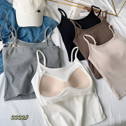 Women's Ribbed Cotton Camisole With Fixed Latex Pads Wireless Seamless Short Tank Top Beauty Back Innerwear