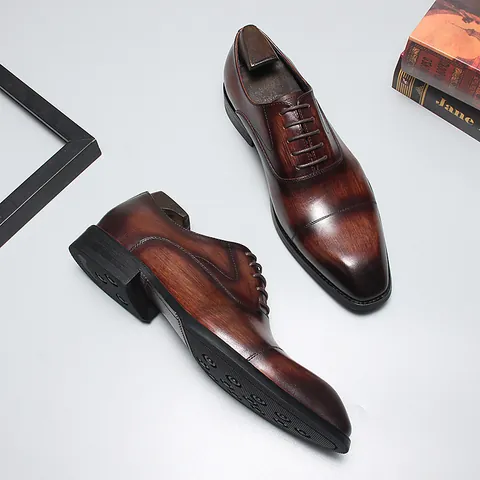 Men's Genuine Cow Leather Oxford Shoes British Style Business Formal Cap-Toe Lace-Up Dress Shoes Non-Slip Rubber Sole Office