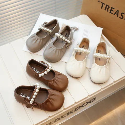 Girls Retro Mary Jane Shoes Artificial Pearl Buckle Bow Knot Soft Sole Princess Shoes Solid Color Flats