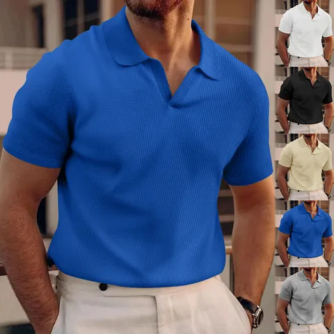 Polo da Uomo in Maglia a Nido d'Ape Estiva Manica Corta Scollo a V Revers Slim Fit Tinta Unita Traspirante Casual
