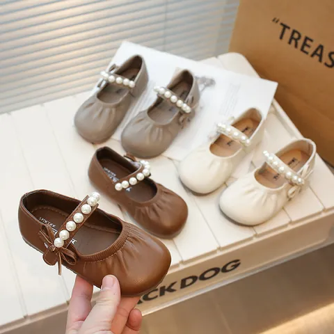 Girls Retro Mary Jane Shoes Artificial Pearl Buckle Bow Knot Soft Sole Princess Shoes Solid Color Flats