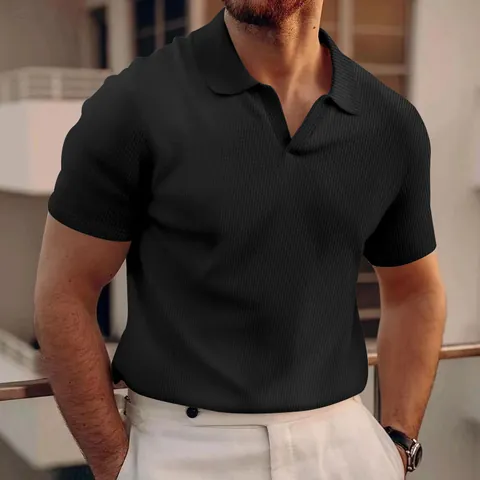 Polo da Uomo in Maglia a Nido d'Ape Estiva Manica Corta Scollo a V Revers Slim Fit Tinta Unita Traspirante Casual