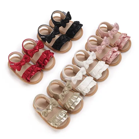Baby Girl Prewalker Sandals Summer Bow Ruffles Soft Sole Non-Slip Beach Shoes Infant Toddler Canvas Pre-Walker Sandals