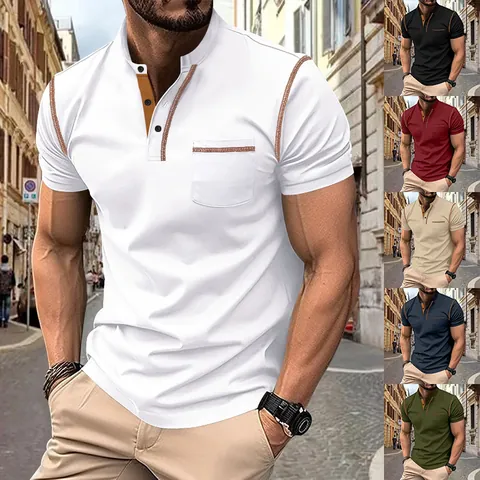 Heren Zomer Korte Mouw Poloshirt Casual Henley-hals Top Met Contraststiksel Borstzak Ademend Tee Voor Heren