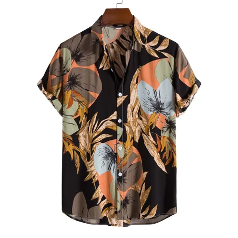 Men Hawaiian Tropical Leaf Print Short Sleeve Shirt Casual Beach Resort Lapel Button Up Polyester Top Summer Vacation
