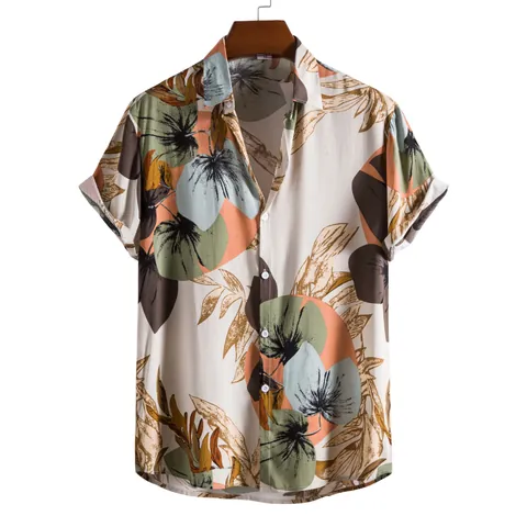Men Hawaiian Tropical Leaf Print Short Sleeve Shirt Casual Beach Resort Lapel Button Up Polyester Top Summer Vacation