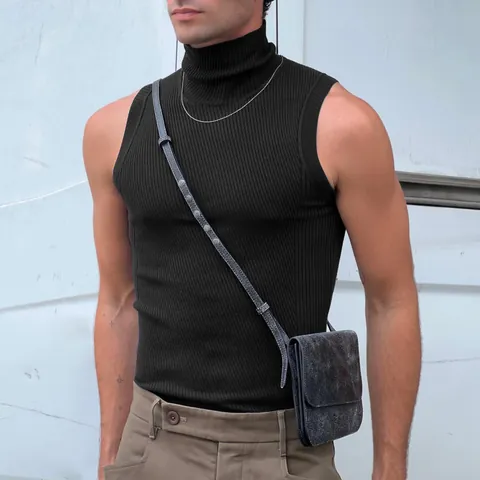 Débardeur Homme Sexy Coupe Ajustée Col Montant Tricot à Côtes Maillot de Corps sans Manches Polyester Couleur Unie Mode Été Gilet