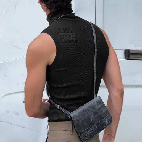 Débardeur Homme Sexy Coupe Ajustée Col Montant Tricot à Côtes Maillot de Corps sans Manches Polyester Couleur Unie Mode Été Gilet