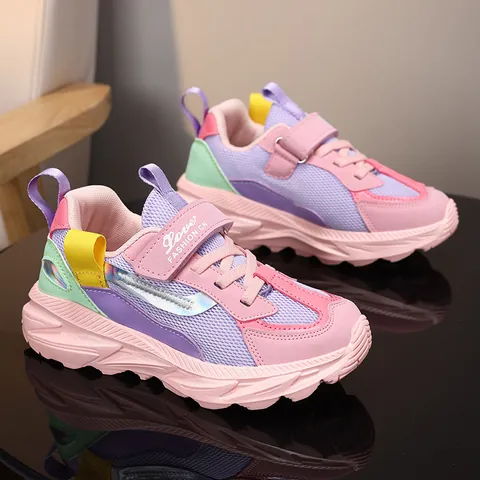 Girls Breathable Mesh Sneakers Spring Autumn Lightweight Running Shoes For Kids School Casual Color Block Hook and Loop Sport Shoes
