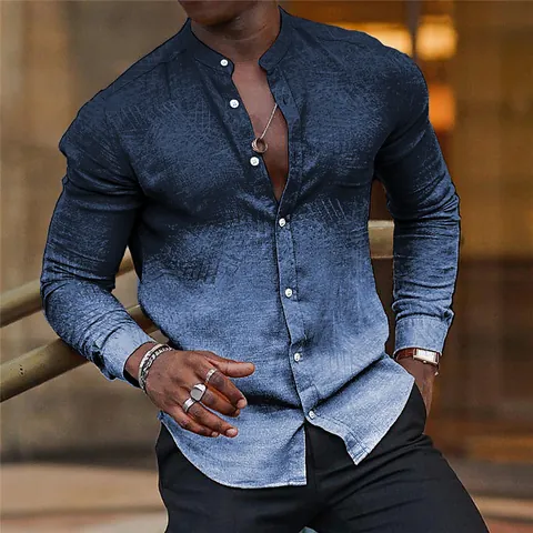Camisa Casual de Gradiente para Hombre Con Cuello Alto Manga Larga Impreso Digitalmente Poliéster Ajuste Entallado Top